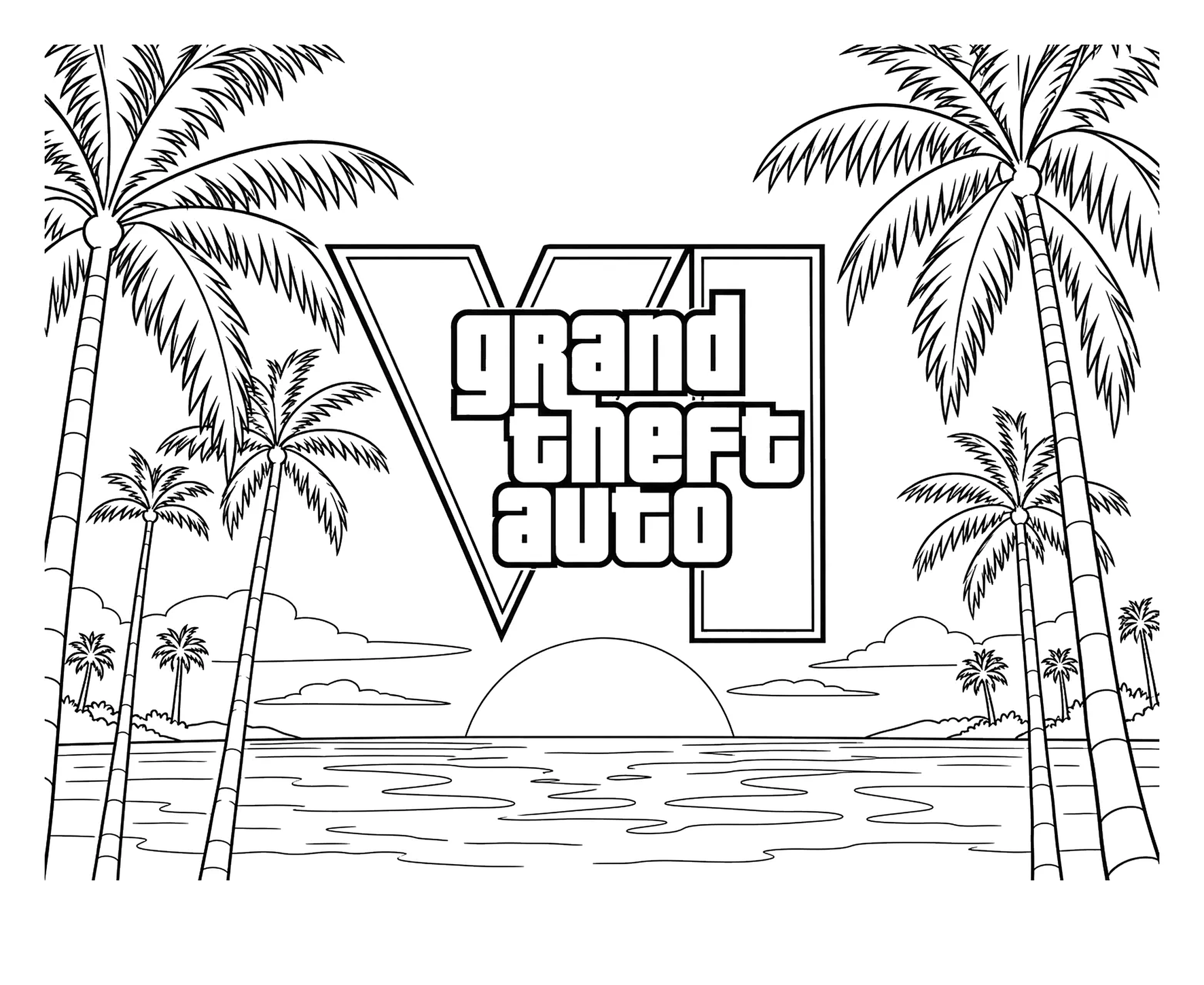 Fargeleggingsark med GTA VI-logoen mellom palmer ved havet
