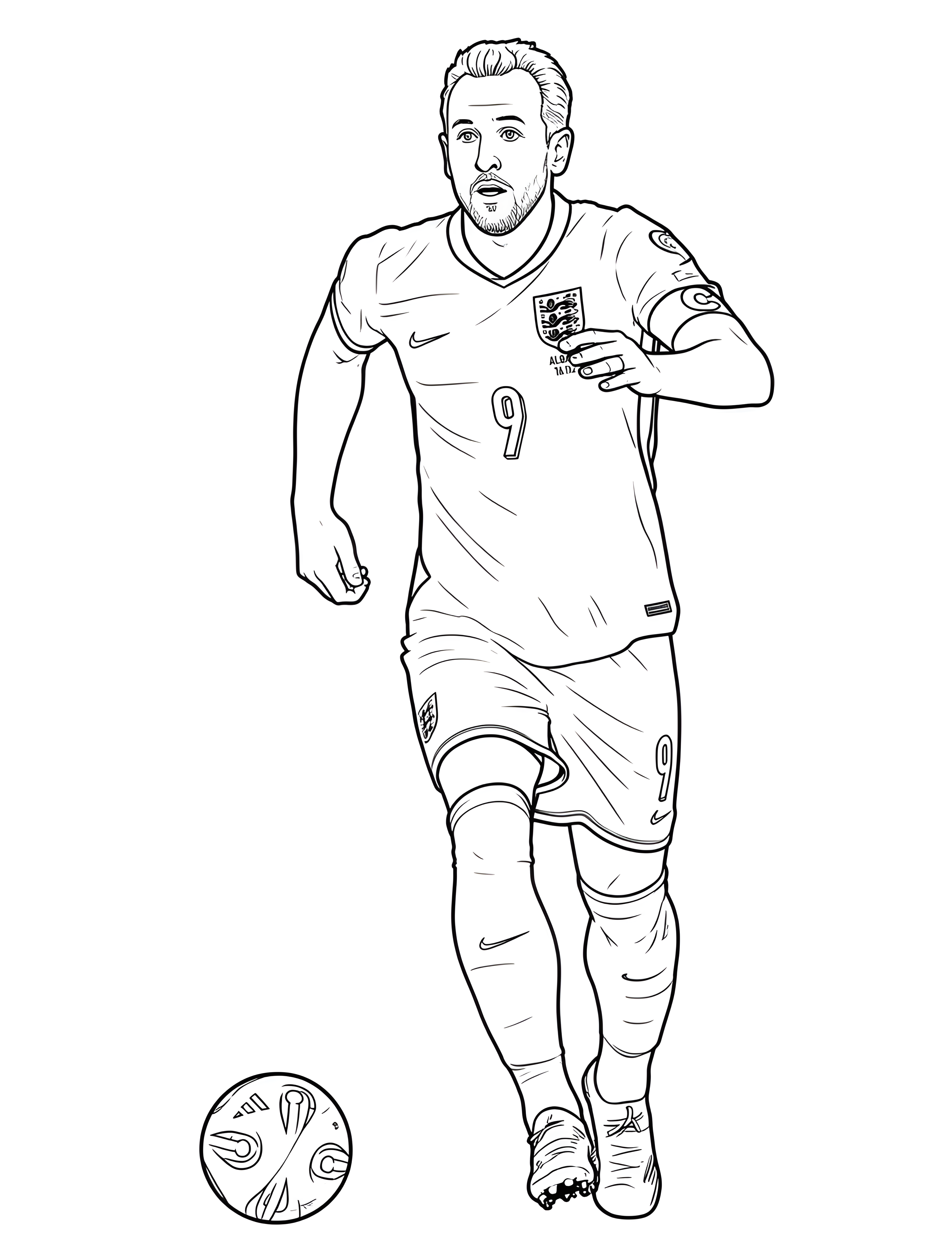 Harry Kane løper i Englands drakt med nummer 9 og ballen nær foten, på et fargeleggingsark.