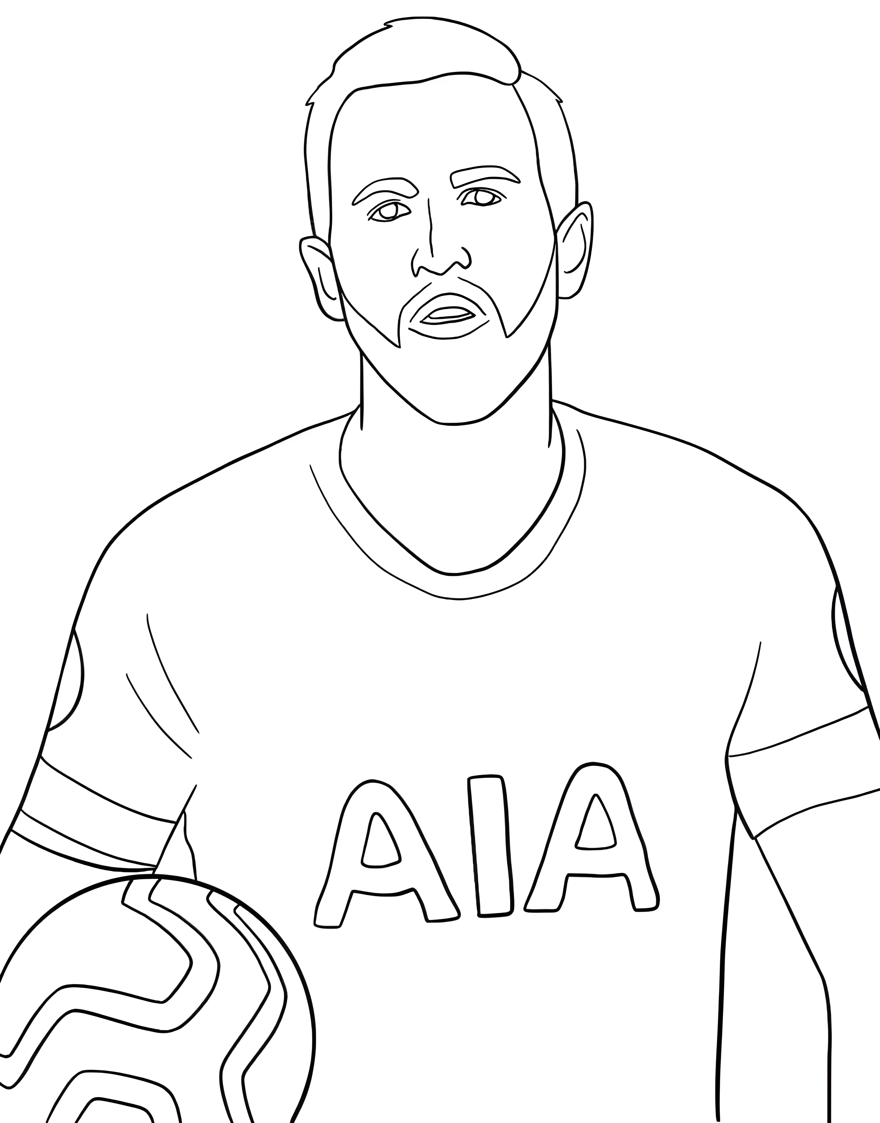 Harry Kane med skjegg, en Tottenham-drakt med AIA på brystet og en ball ved siden av seg, til fargelegging.