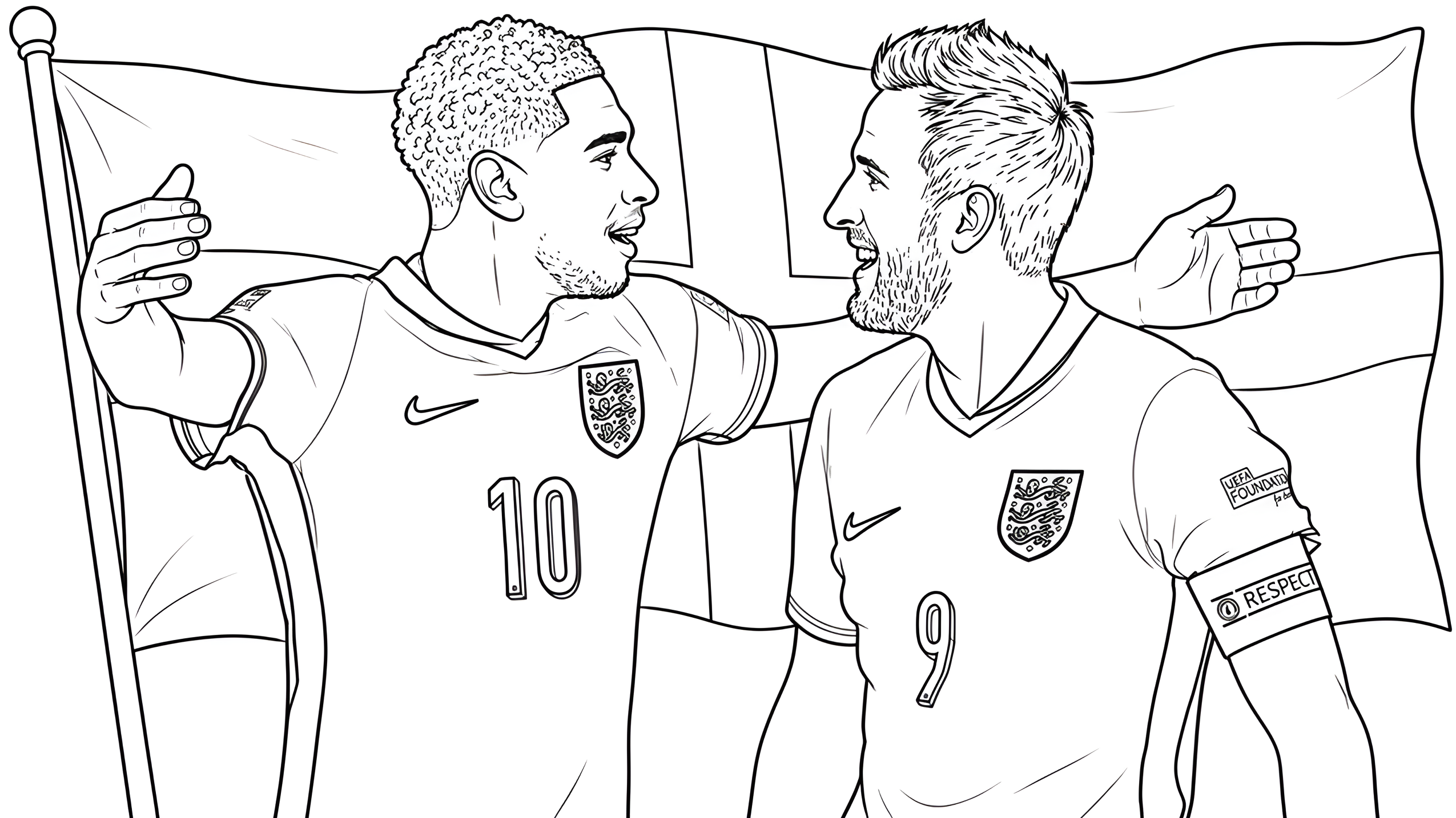Harry Kane med nummer 9 og Jude Bellingham med nummer 10 feirer sammen under det engelske flagget, til fargelegging.