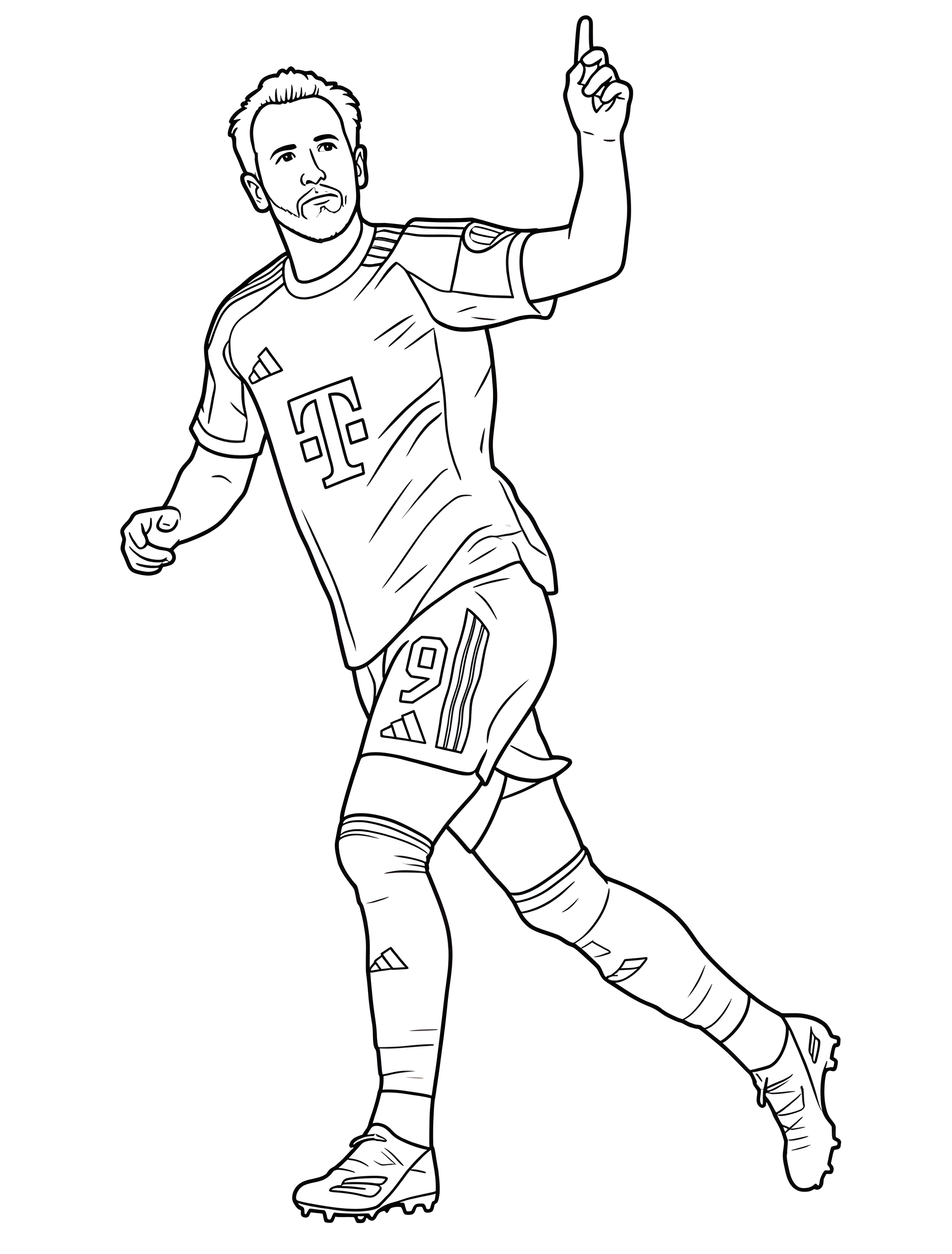 Harry Kane i Bayern München-drakt med nummer 9 peker en finger opp mot himmelen, til fargelegging.