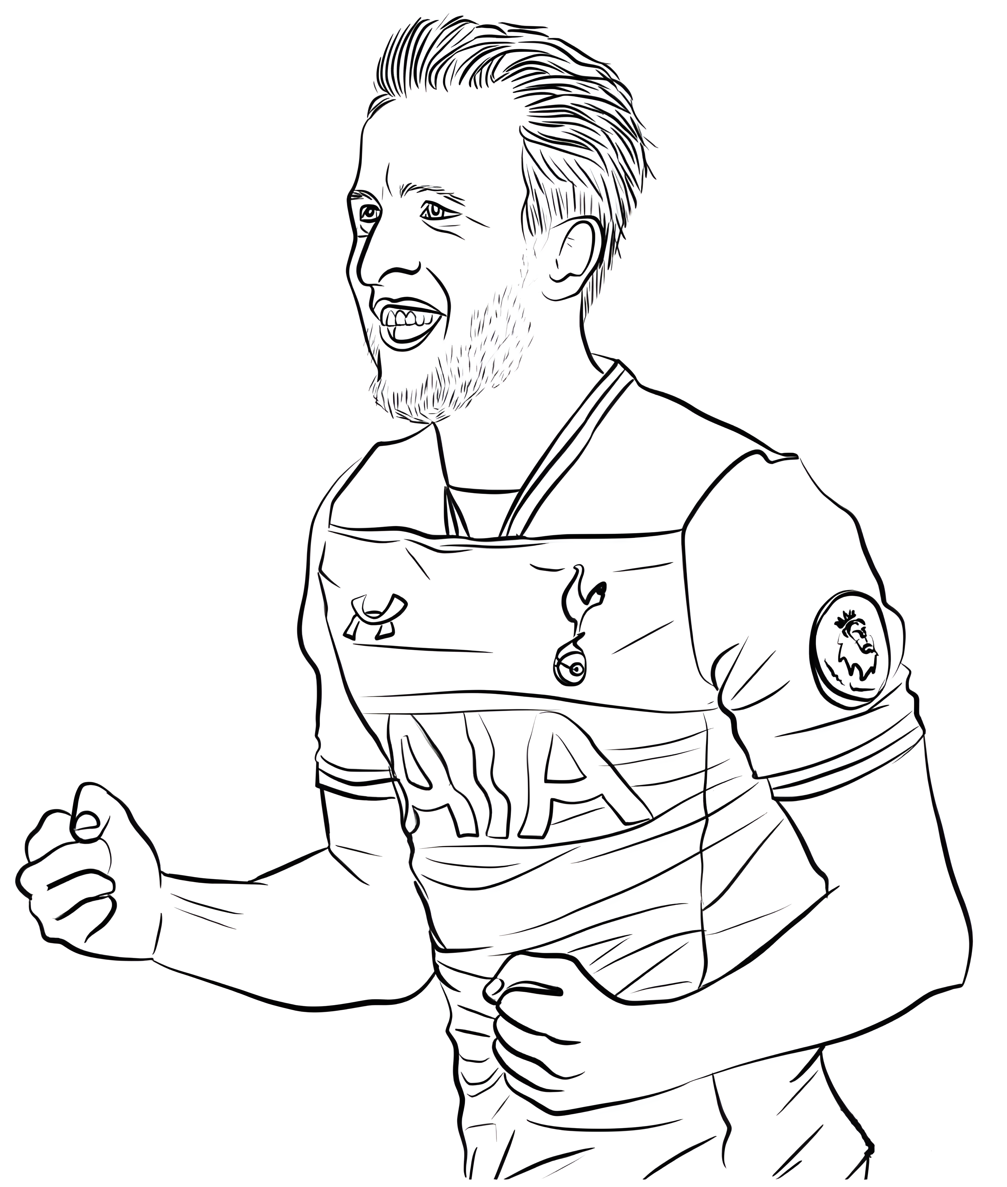 Harry Kane smiler med knyttede never i en eldre Tottenham-drakt med AIA på brystet, til fargelegging.