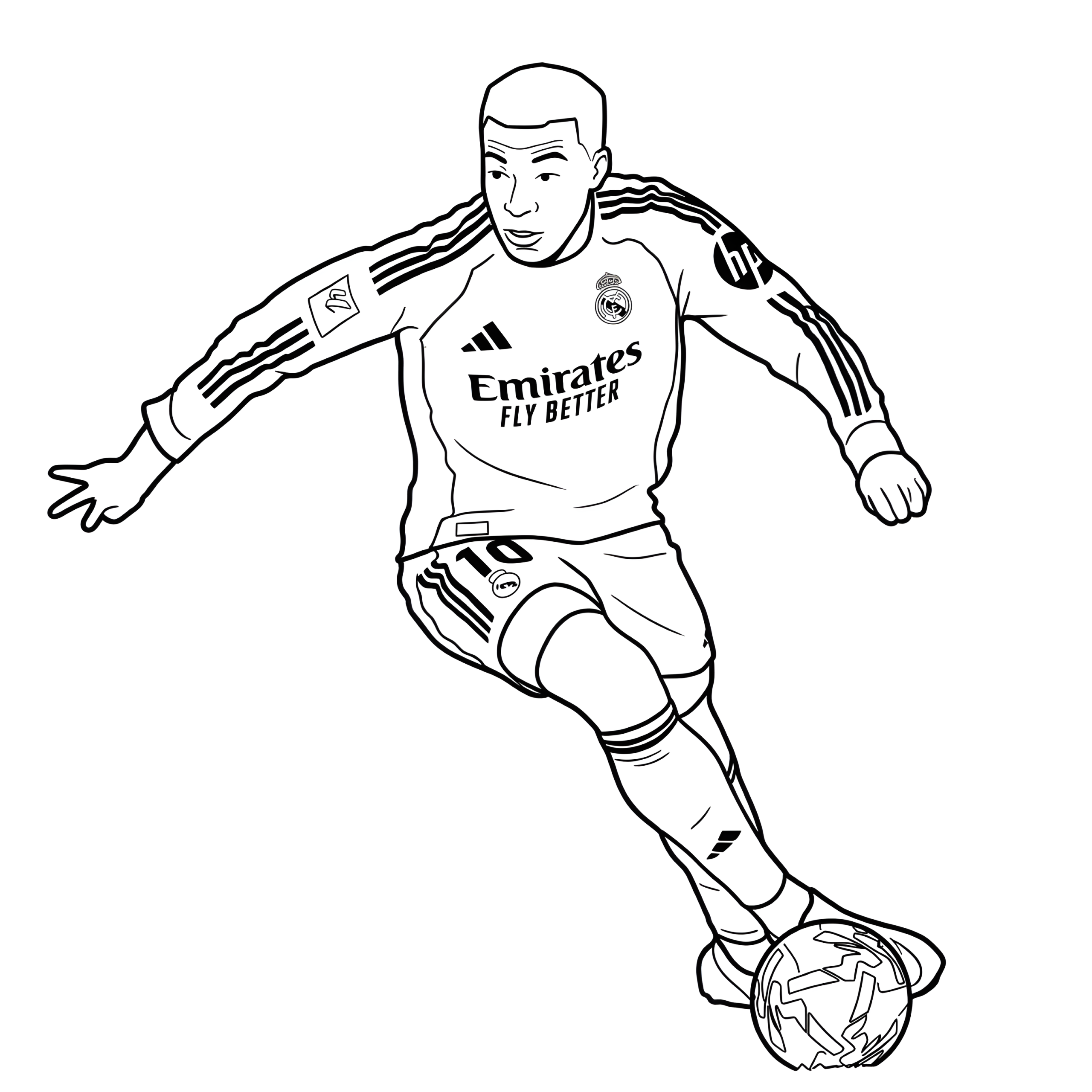 Fargeleggingsark av Kylian Mbappé som fører ballen i Real Madrid-drakt